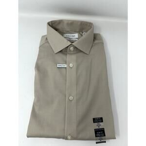 Calvin Klein Mens Slim Fit Shirt Taupe Size 15.5 (32/33) M Stretch Wrinkle Free